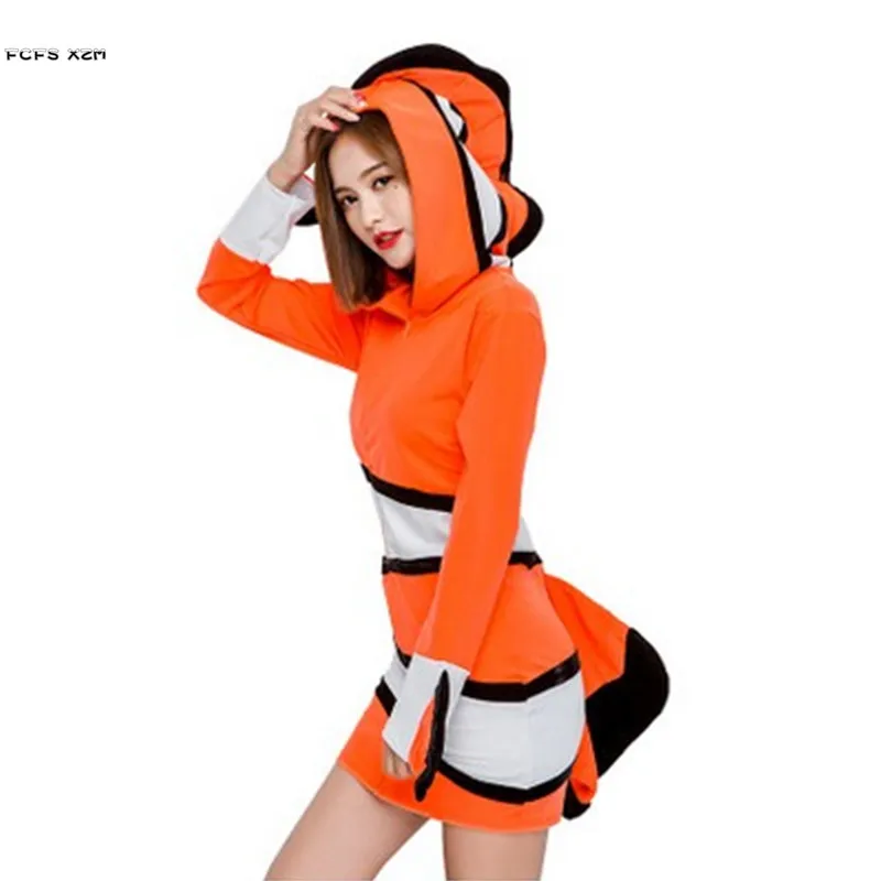 

Female Halloween Fish Animal Costumes Woman Clownfish Cosplay Adult Pajamas Carnival Purim Masquerade Role Play Show Party Dress