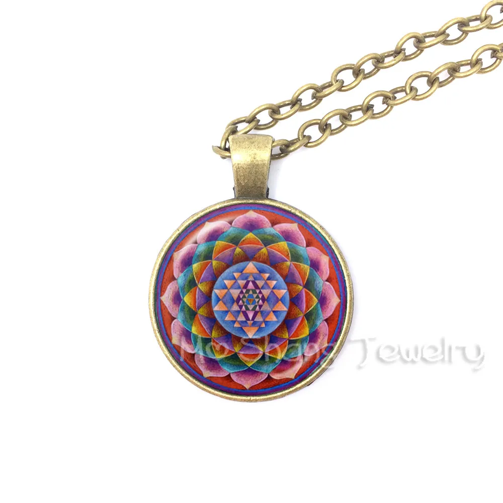 Hinduism Sri Yantra Pendant Red Mandala Lotus Flower Necklace for Women Glass Dome Buddhist Necklace India Jewelry Vintage