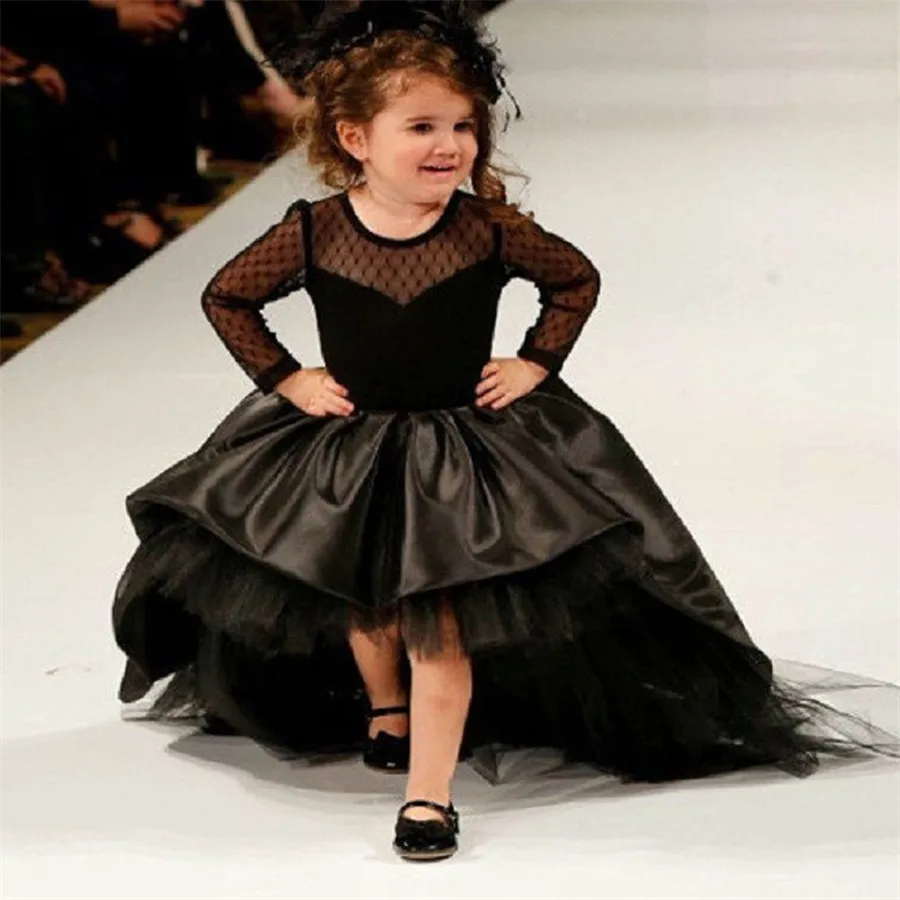 Schwarz Blume Mädchen Kleider High Low Scoop Langen Ärmeln Bodenlangen Satin Tüll Ballkleid Kleid Kinder Hochzeit Party Kleider