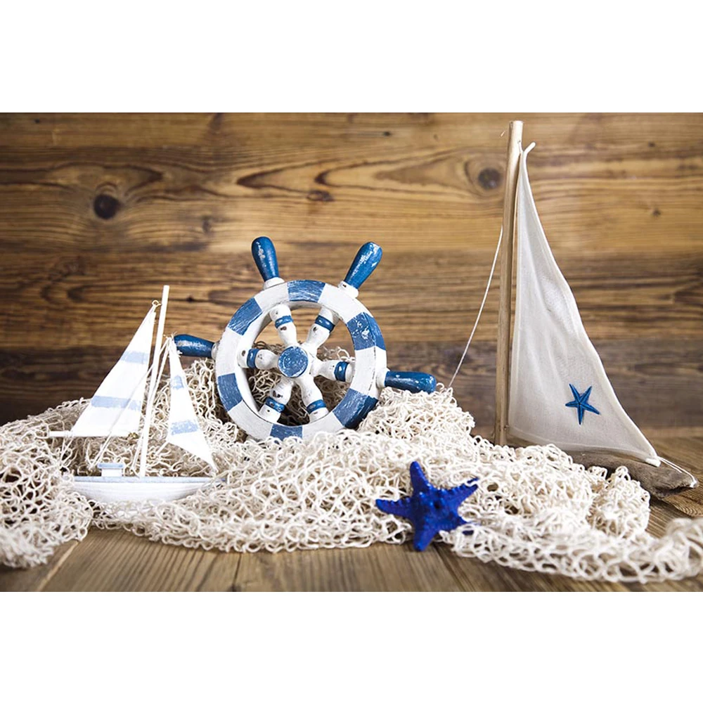 

Bokeh Wood Wall Photo Background Printed White Fishing Net Sailboat Rudder Blue Star Pirate Theme Birthday Backdrop for Baby Boy