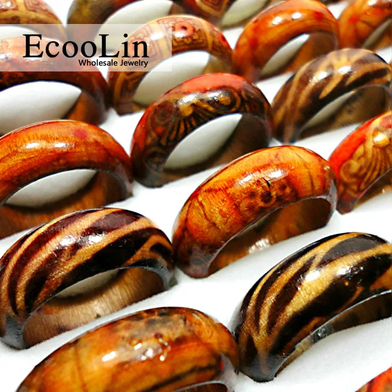 50Pcs Fashion Wooden Finger Rings For Women & Men Wood Leopard Mixed Pattern Jewelry Bulks Lots Women Mens Christmas Gift LB001