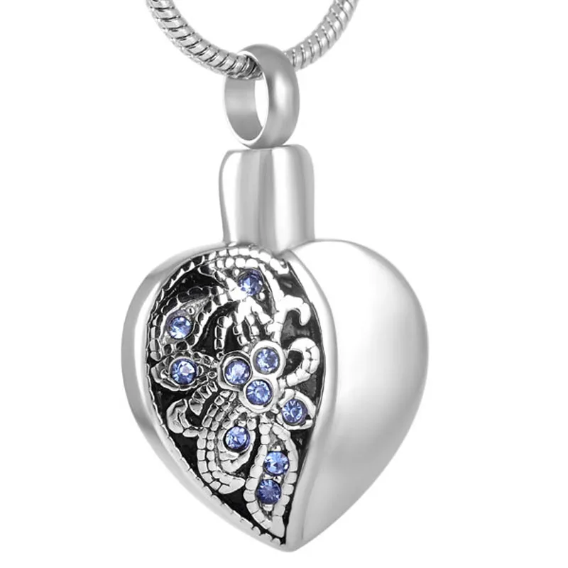 IJD8318 Hold Blue Crystal Flower Keepsake Stainless Steel Heart Shape Memorial Urn Pendant Cremation Jewelry Necklace for Ashes