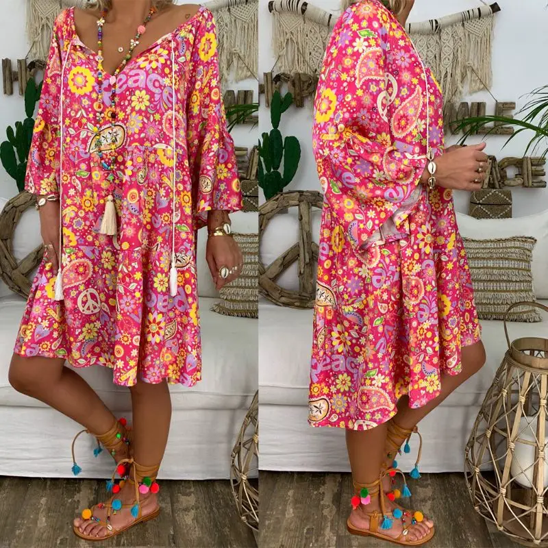 Summer Women Sexy Boho Floral Print Long Sleeve Deep V Dress Casual Loose Holiday Beach Shirt Dress Ladies Pullover Mini Dress