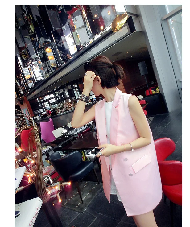 Pink Women Suit Vest Jacket Double Breasted Pockets Plus Size Waistcoat Sleeveless Blazer Coats