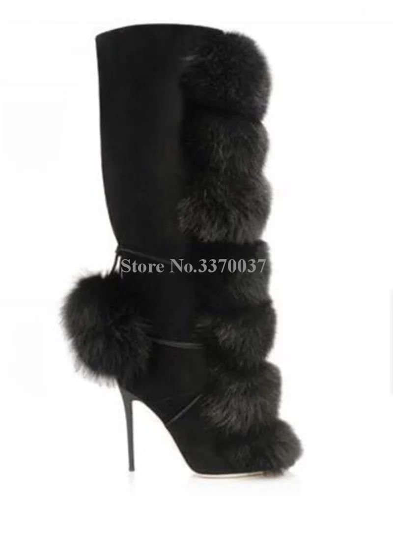 Women Charming High Quality Mink Hair Decorative Knee High Stiletto Heel Boots Zip Fur Ball Design High Heel Winter Boots