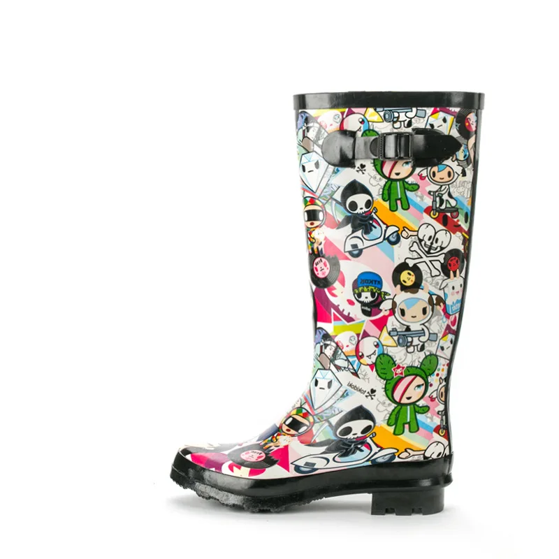 CuddlyIIPanda New Hand-painted Cartoon Rain boots Waterproof Women Knee High Boots Cute Kawaii Buckle Strap Botas Feminina