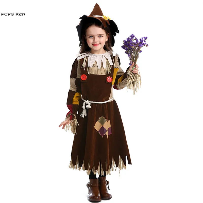 XS-L Girls Beggar Cosplay Kids Children Halloween The Scarecrow Hunk Costumes Carnival Purim Masquerade Stage Play Party Dress