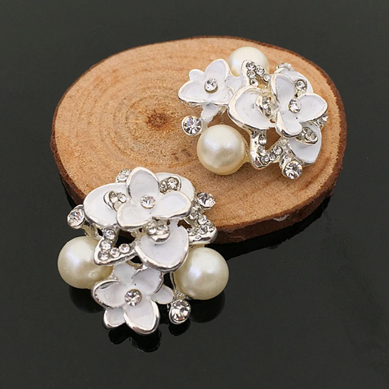 2016New 50Pcs 27mm Alloy White Flower Pearl Rhinestone Buttons for DIY Clothing and Hair Accessories HZ232