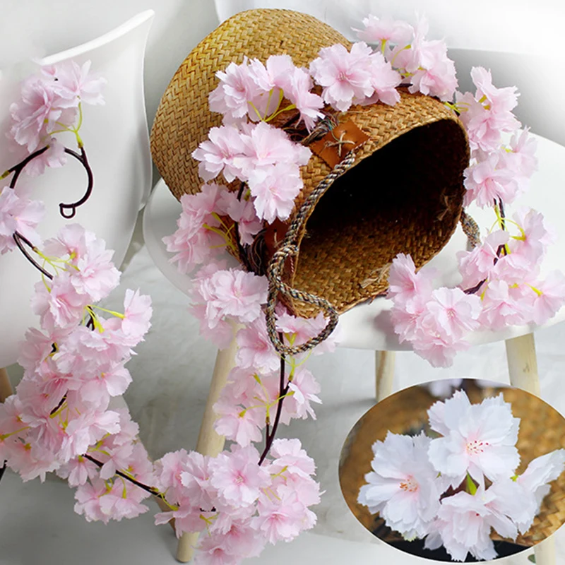 

180cm Artificial Cherry Blossoms Flower Vines Party Supplies Garland Silk Fake Cherry Flower Rattan Wedding Home Decor C