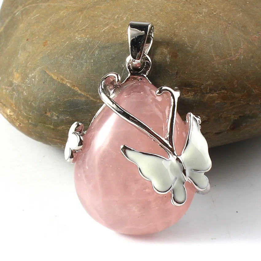 100-Unique 1 Pcs Silver Plated Water Drop Rose Pink Quartz Pendant For Anniversary Gift Butterfly Jewelry