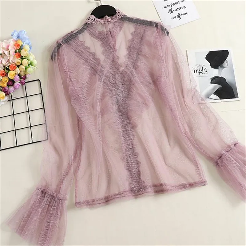 Two Piece Shirt +Tank Tops New Women Hollow Out Mesh Blouse Sweet Ruffles Lace Shirts Female Bottoming Long Sleeve Blouses A1169