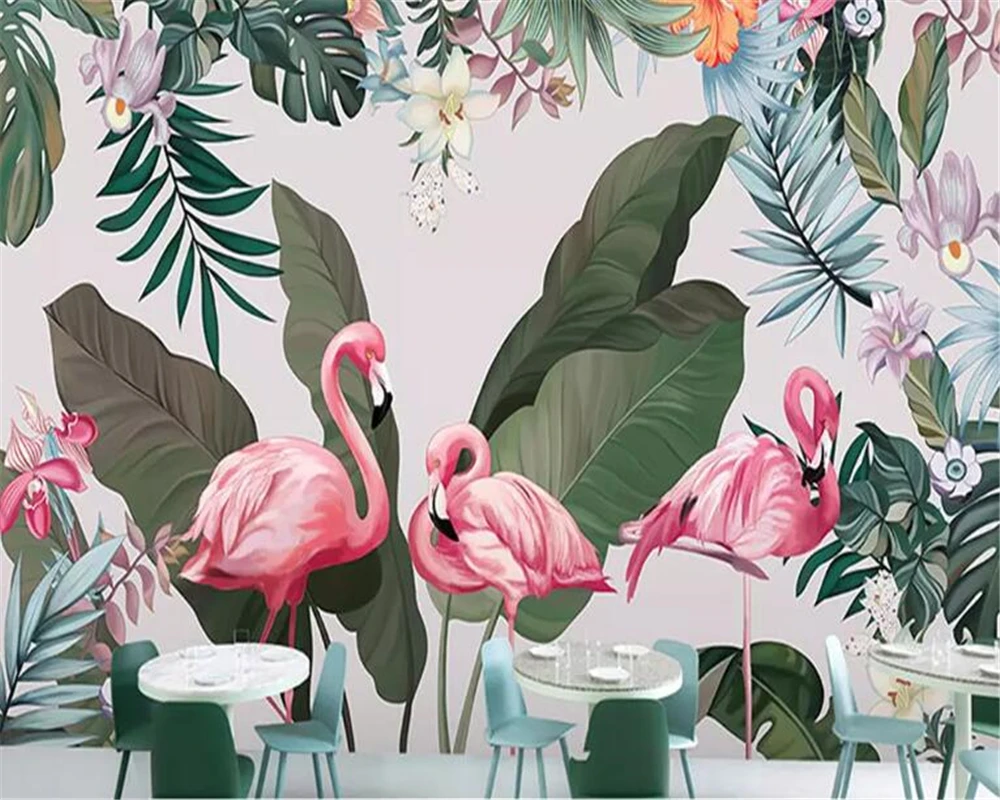 Beibehang Hand drawn tropical rainforest Flamingo leaf flowers background wall murals custom large green 3d wallpaper behang