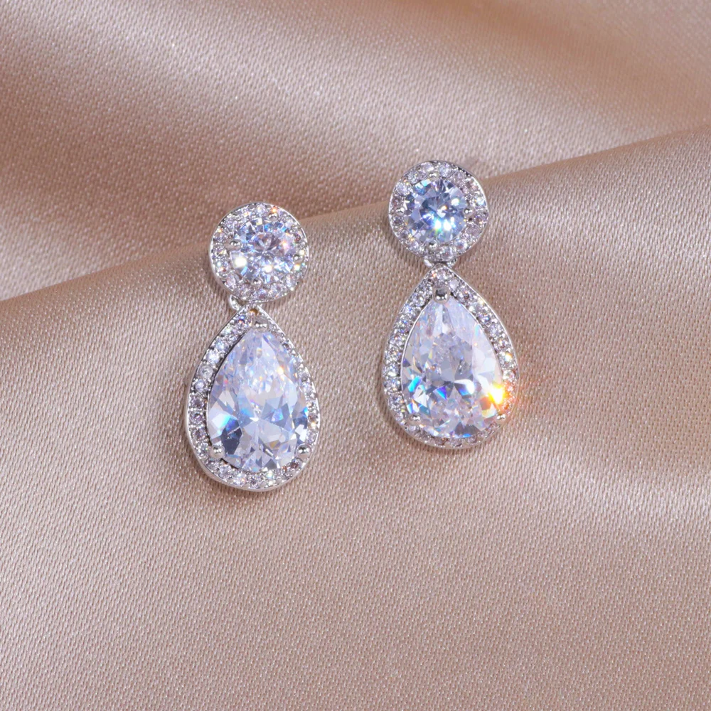 Classic Sliver Color Water Drop Shaped Cubic Zirconia Crystal Earrings For Women Romantic Wedding Jewelry For Brides Bridesmaid