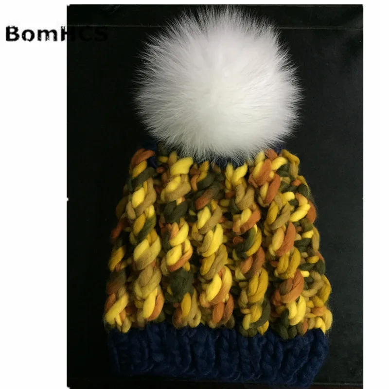 

BomHCS Luxurious Big Fox Fur Pompom Belly Yarn Beanie Warm Caps 100% HANDMADE Women's Winter Knitted Hat