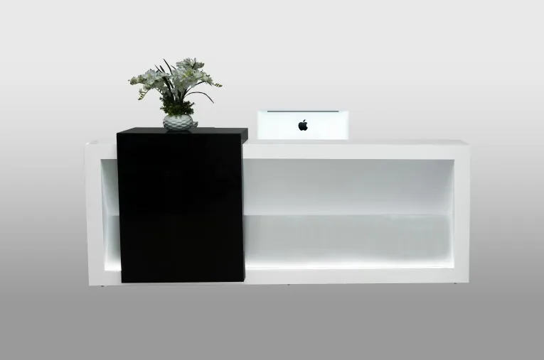 

wholesale black wood melamine office solid surface reception front desk design price with light#QT2490