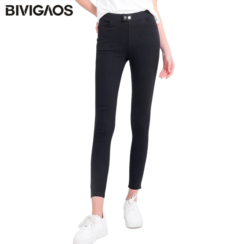 

BIVIGAOS Women's New Magic Pants Two Buttons High Elastic Black Leggings Pants Slim Thin Ninth Pants Skinny Legging Pencil Pants