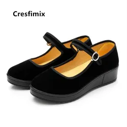 Cresfimix Zapatos De Mujer Women Casual Black Buckle Strap Cloth Dance Shoes Lady Cute Height Increased Retro Shoes C5055