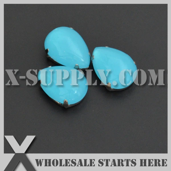 10x14mm Mounted Tear Drop Cabochon H16 Turquoise Opal Acrylic Rhinestone Gems in Silver Nickel Sew on Setting for Shoe,Garment