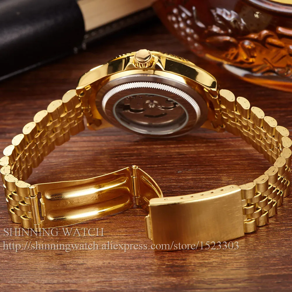 Luxury Gold Fashion Mens Watches Casual Crystal Dial Date Automatic Mechanical Stainless Steel Sport Wrist Watches for men Gifts