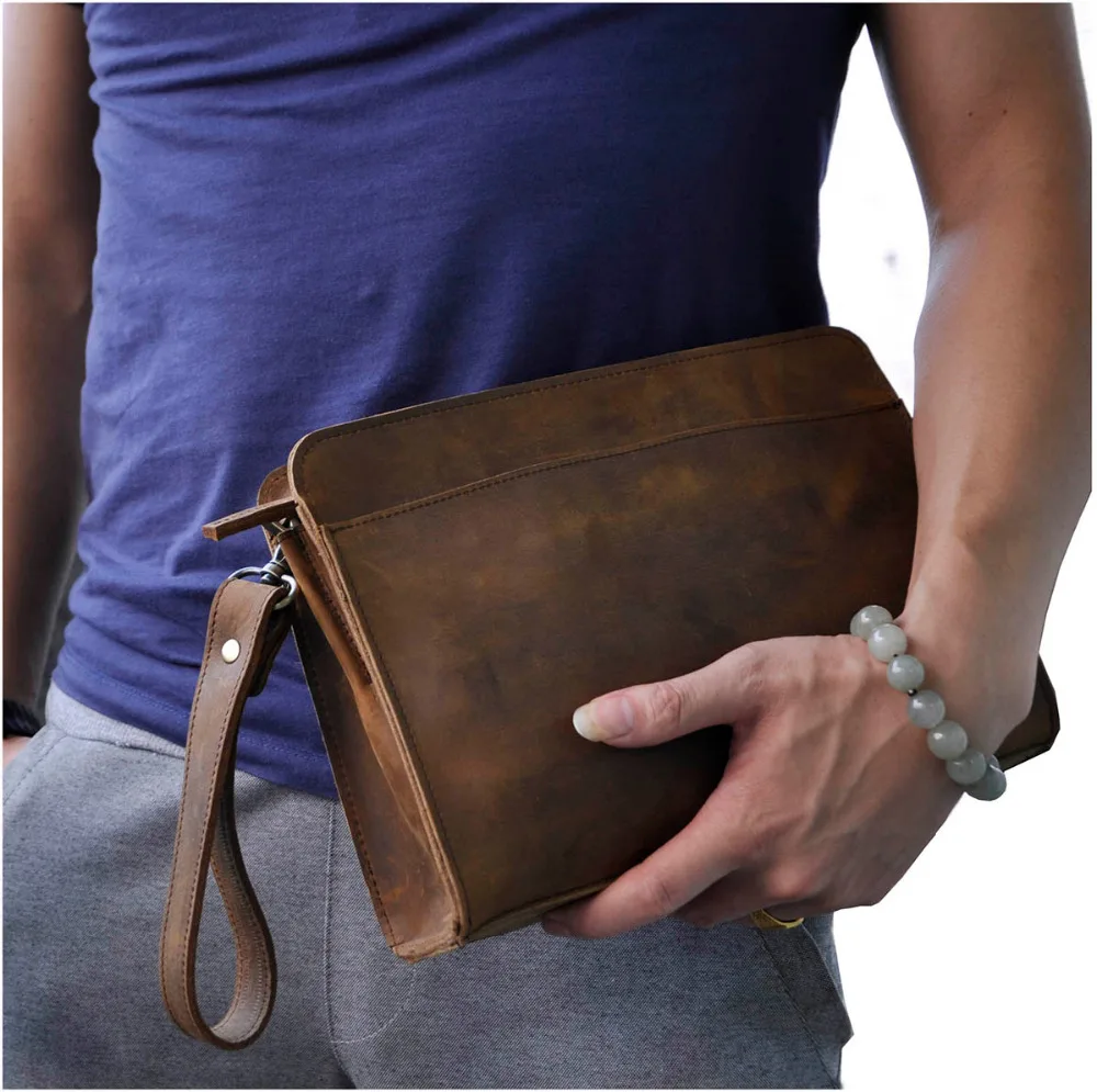 Bolsa de mão organizadora com zíper, carteira em couro da moda com design masculino, bolsa de ombro para tablet de 8 \