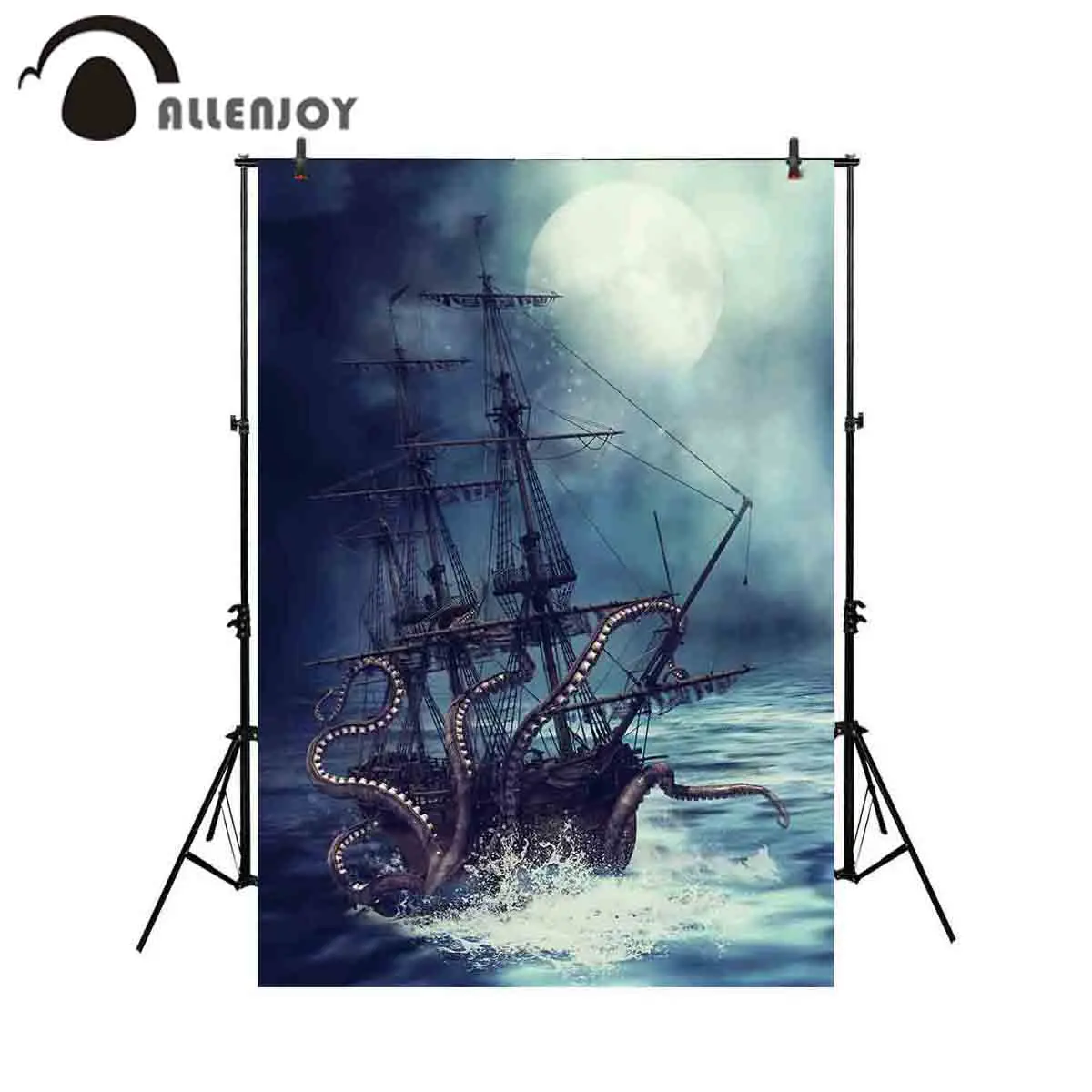 Allenjoy professional photography background pirate ship huge octopus dim moon terrible sea surface backdrop Halloween photocall