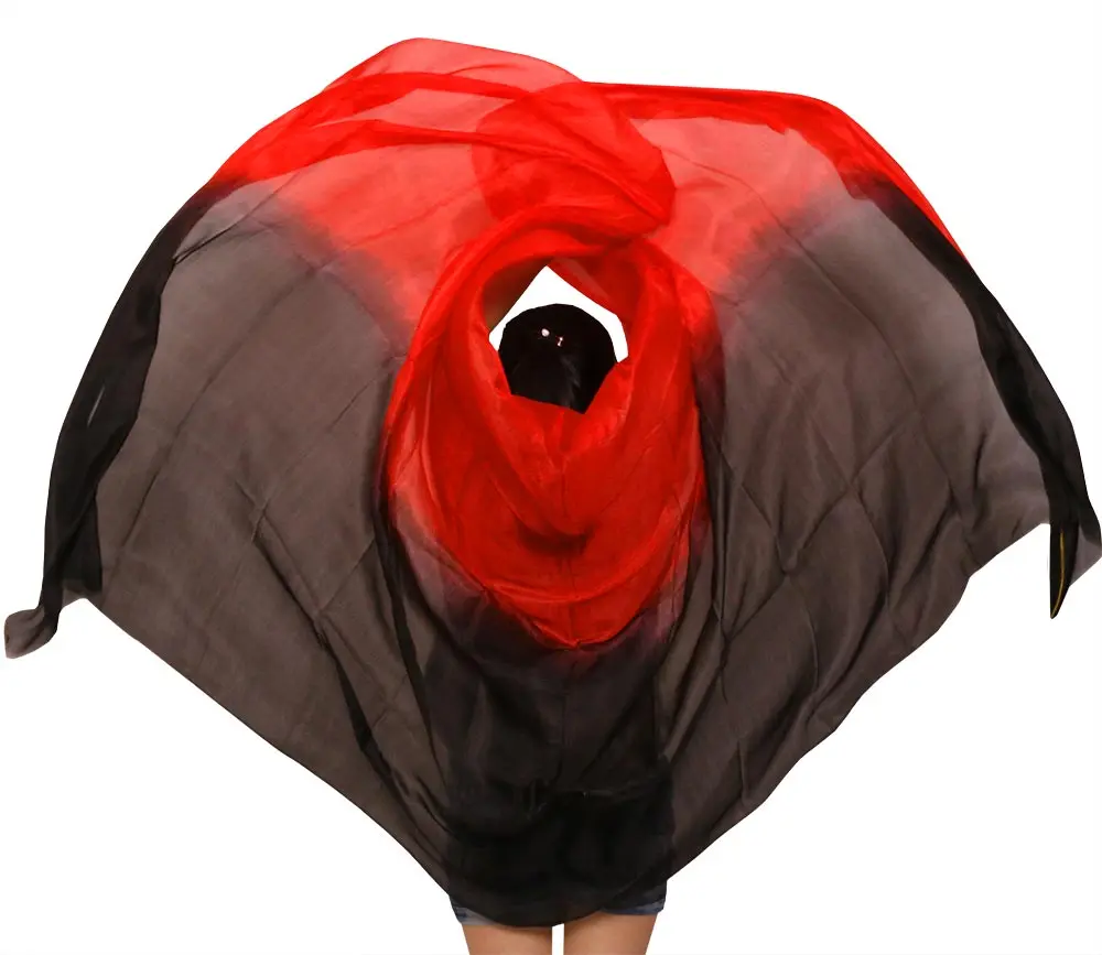 100% Silk Stage Performance Prop Double Colors Dye Veils Scarf Women Dance Accessories Belly Dance Silk Veil Black+Red 250*114cm