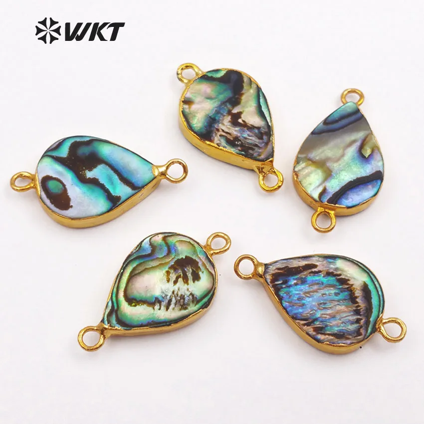 

WT-JP041 Mysterious Water Drop Shape Natural Abalone Shell Gold Dipped Pendant With Double Loops For Women Necklace Making