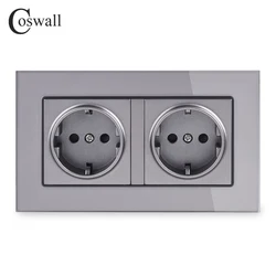 Coswall 16A Double EU Standard Wall Socket Crystal Glass Panel Power Outlet Grounded With Child Protective Door Grey Gray