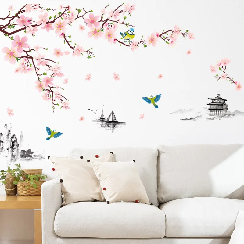 

Peach Blossom On The Wall Large Chinese Flower Wall Sticker For Living Room Bedroom Home DecorDecoration 90*30Cm*2Pcs