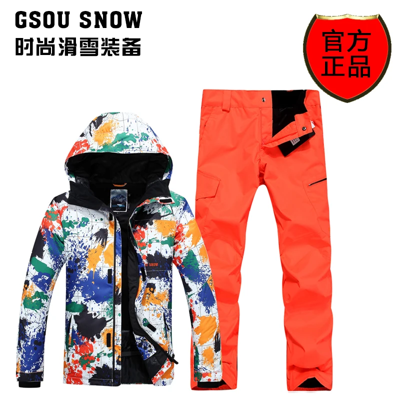 

Men's Colorful Ski Suit Male Snowboarding Jacket And Orange Pants Set Winter Outdoor Sportswear Skiwear