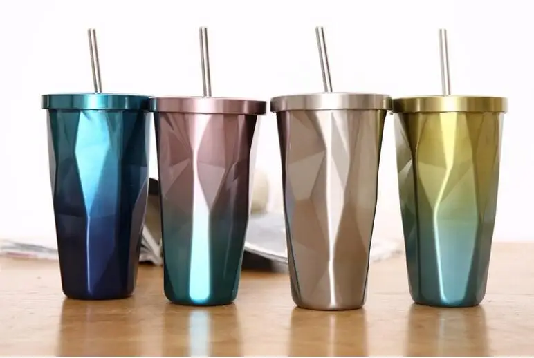 10pcs 500ml Gradient diamond Stainless Steel coffee Mug with Lid straw Drinking Coffee Double walled tumbler Straw Cup