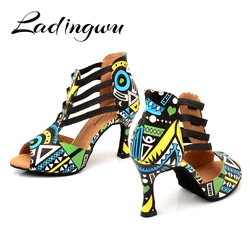 Ladingwu Merk Latin Dansschoenen Dames Dans Laarzen Elastische band aanpassing Ballroom Dans Schoenen Blauw Afrikaanse textuur Schoenen