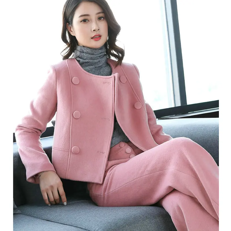 Women Suit Fashion Two Pieces Set  Pink Blazer Notched Ladies Long Sleeve Suit Blazer Elegant Office Women Autumn Winter Blazer