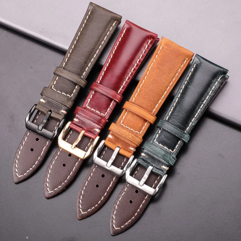 Oil Wax Genuine Leather Watch Strap Band Women Men Cowhide Watchband 18 20 22 24mm Clock Bracelet Blue Red Yellow Green Belt