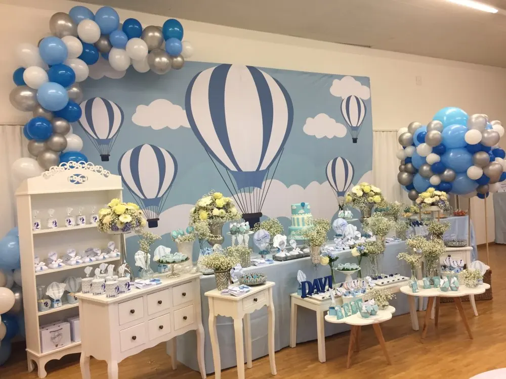 خلفية بالون هواء ساخن ، خلفية للصور ، شريط سحابة كرتونية ، السماء الزرقاء ، حفلة عيد ميلاد ، تصوير للأطفال