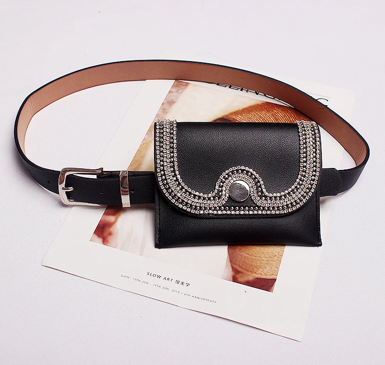 New Fashion Waist Bag Glitter Full Diamond  Dark Buckle Pu Leather Belt Pockets Belt Ladies Dual-use Three Optional Tide Bag 729