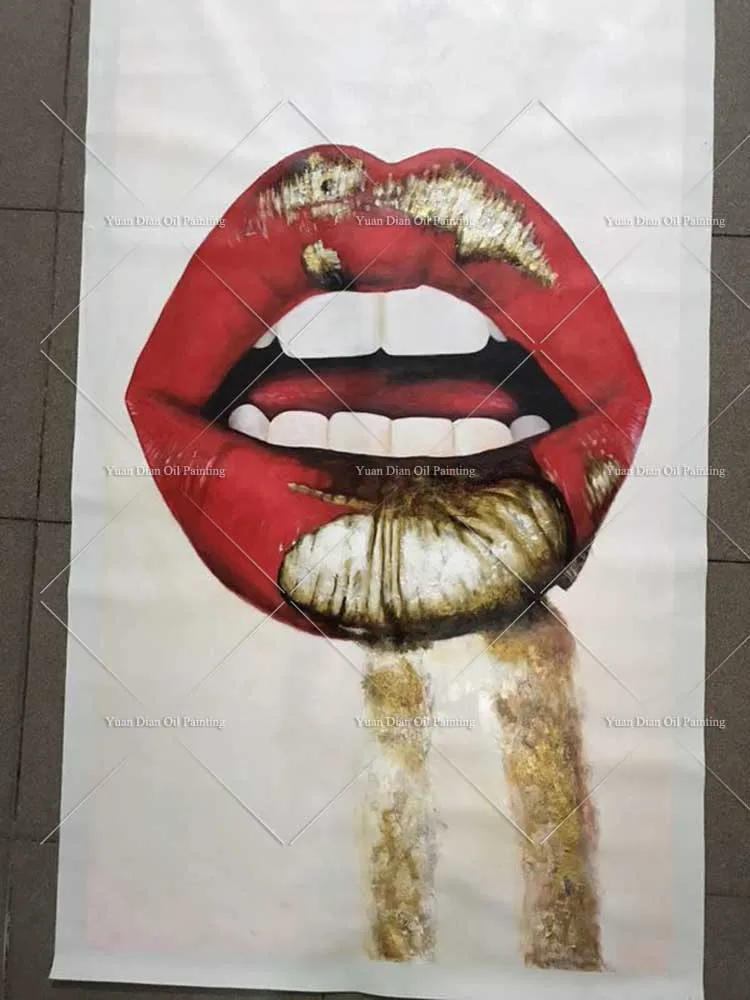 

Hand Painted Lip Sexy Red Gold Oil Painting Hang Paintings Modern Portrait Sexy For Room Decor Pictures Canvas Painting