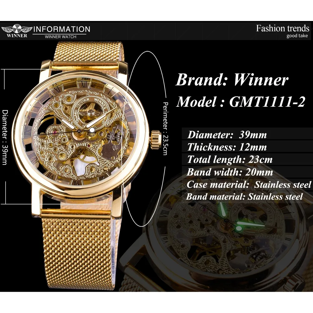 Winner Thin Case Full Golden Design Retro Openwork Clock Mesh Band Men\'s Mechanical Watches Top Brand Luxury Luminous Hands