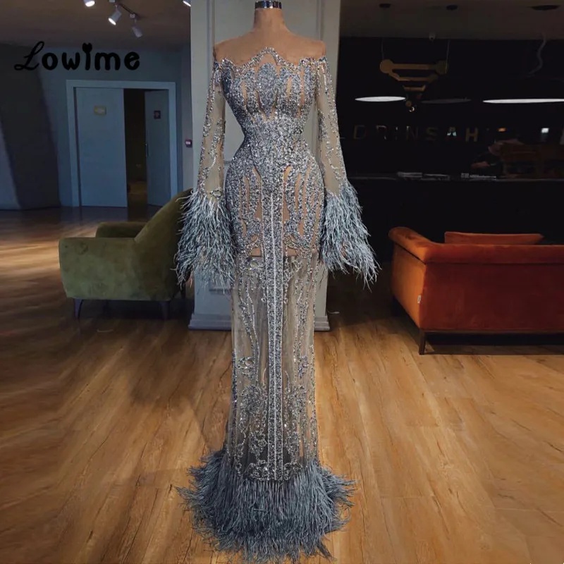 Illusion Feather Evening Dresses 2018 Arabic Dubai Turkish Muslim Party Gown Formal Dress Robe De Soiree Celebrity Pageant Dress