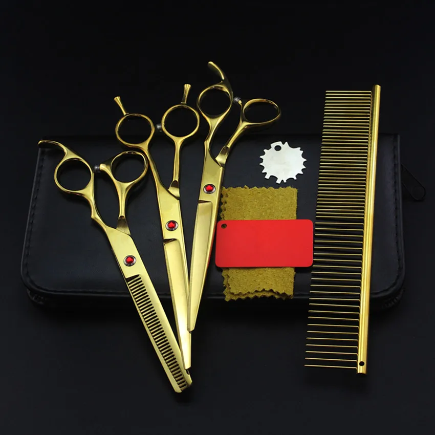 

4 kit 7'' gold pet grooming cut hair cutting scissors dog sissors thinning barber haircutting shears case hairdressing scissors