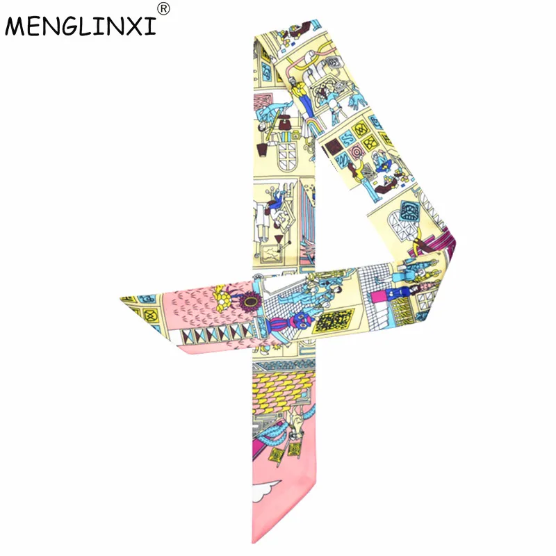 New Scarf Paris Family Print Women Silk Scarf Fashion Head Scarf Brand Small Tie Handle Bag Ribbons Small Long Scarves MR