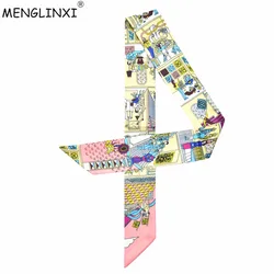 New Scarf Paris Family Print Women Silk Scarf Fashion Head Scarf Brand Small Tie Handle Bag Ribbons Small Long Scarves MR