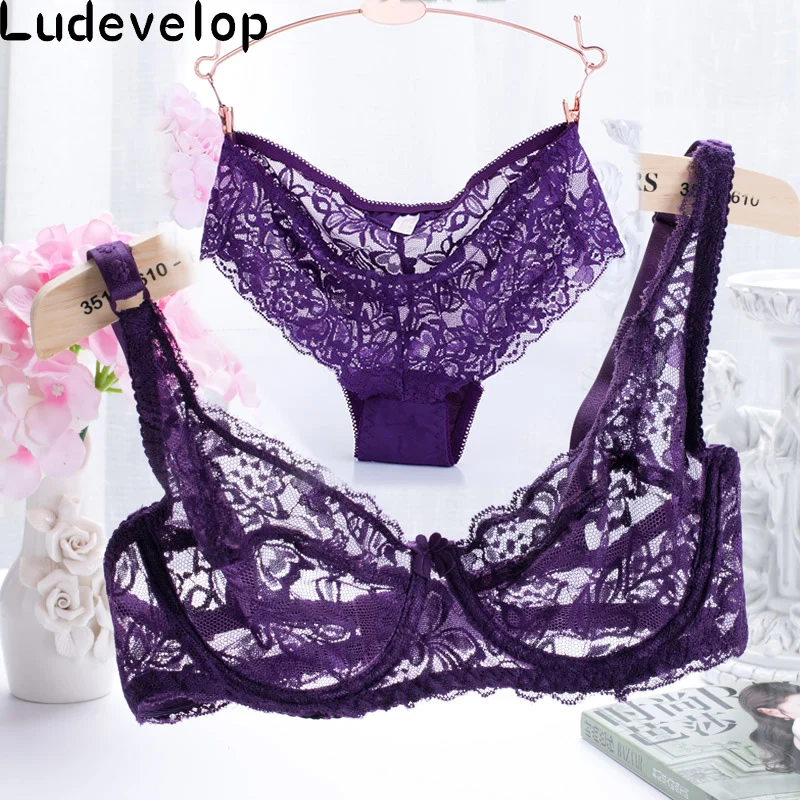Newest Very Sexy Women Half Cup Lace Bra + Briefs Plus Size Ultra-thin Sexy Plunge Bra Sets 32-40 A B C Cup Free Shipping