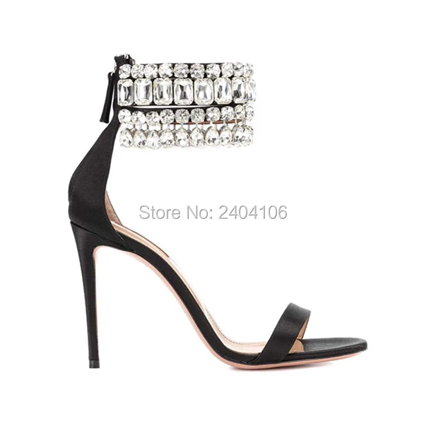 Shooegle Brand Fashion Women Sandalias Bling Bling Shoes Summer Ankle Strap Crystal Stiletto High Heels Black Satin Gem Sandals