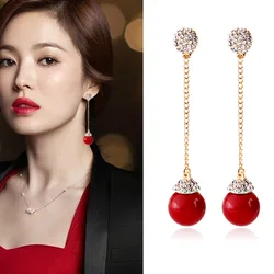 Korean Elegant Bride Long Tassel Pearl Earrings Rhinestone Ear Clips Non Pierced Earrings Women Fashion Wedding Accessories