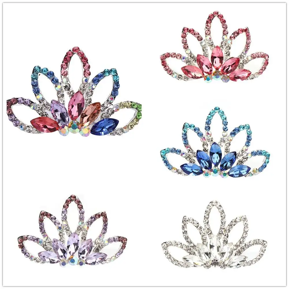 Fashion Rhinestone Princess Crown Hair Comb Mini Cute Tiaras Multicolor Headwear Girls Kids Hair Jewelry Birthday Party Gift