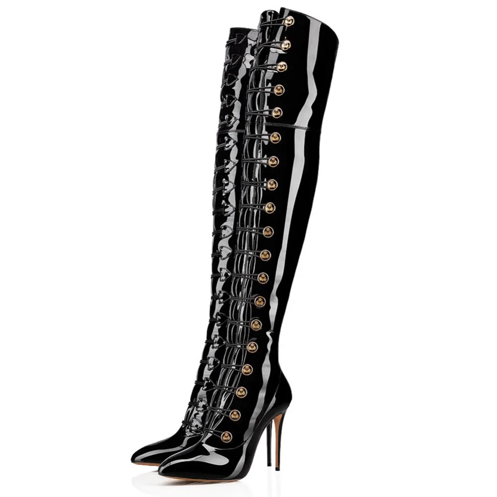 Shiny Black Over The Knee High Long Boots Women Pointy Toe High Heel Buttons Thigh High Boots Patent Leather Ladies Winter Shoes