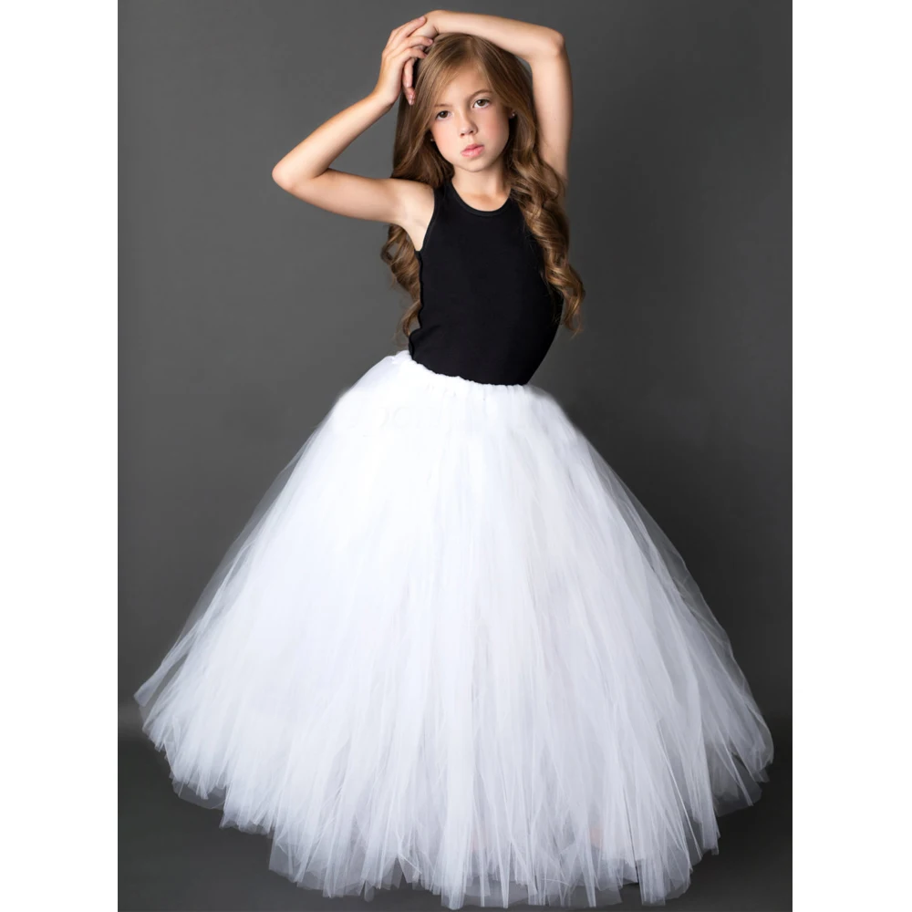 Pure White Long TUTU Skirt for Girls Solid Fluffy Tulle TUTUS Kids Wedding Party Costume 6 Color Option Ankle Length Fancy Skirt