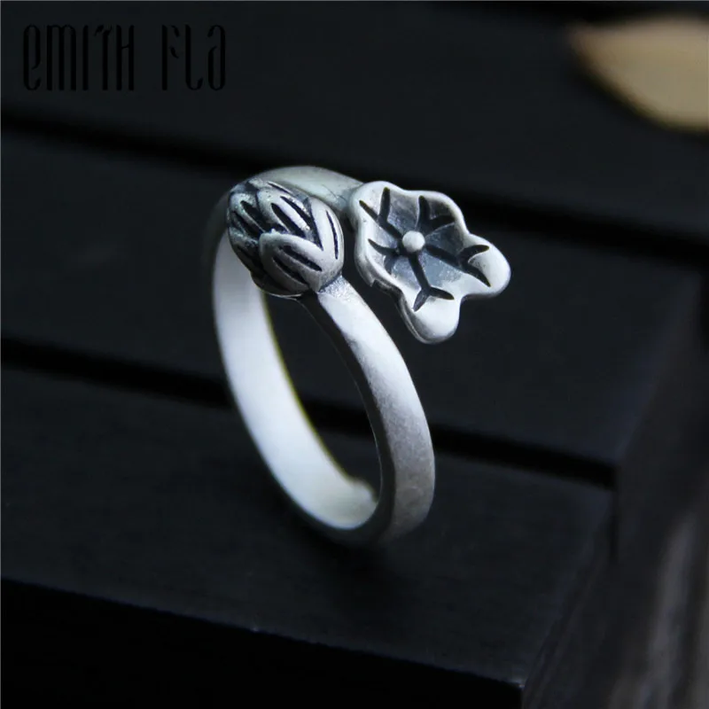 Genuine 925 Sterling Silver Female Vintage Open Rings Lotus Leaf Design Fashion Jewelry For Women Opening Adjustable Ring