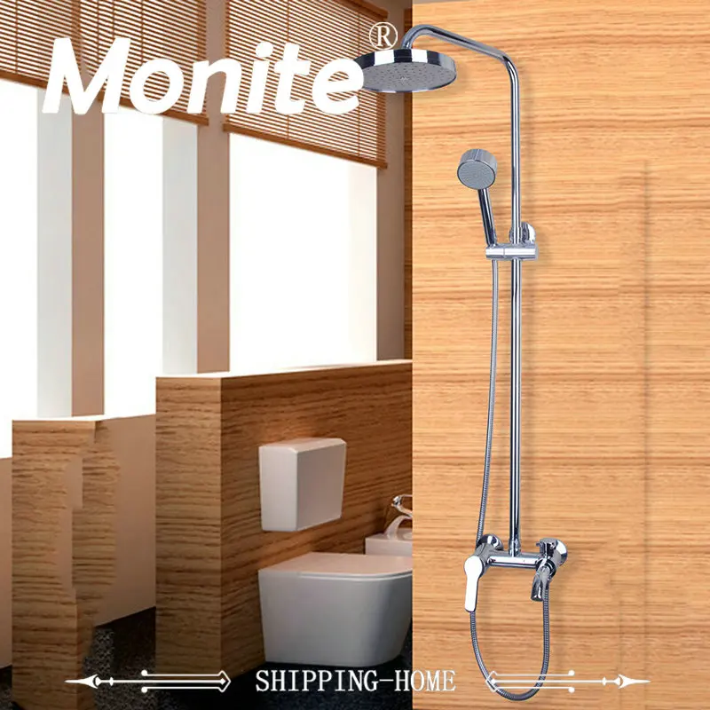 

Monite Wall Installation Chrome Finished Mixer 8" Rainfall Shower Faucet Set With Hand Sprayer Shower Faucets Hot Cold Water Tap